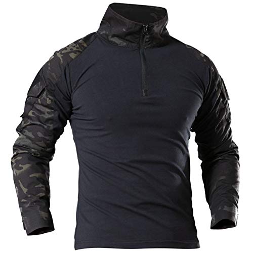 Taktisches Langarm-Shirt für Herren, Militär-Stil, atmungsaktiv, Jagd, Kampf, schnell trocknend, Outdoor-Oberteile, 1/4-Reißverschluss, Camouflage, Airsoft-Shirts, Schwarz-CP, M