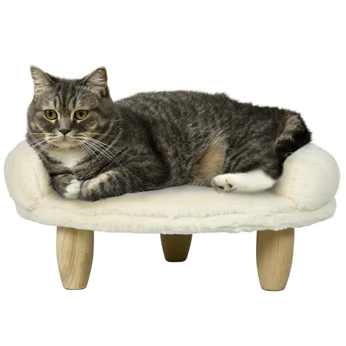 PawHut Hundesofa, Hundebett, Haustiersofa mit Erhöhtem Design, Hundecouch, Katzensofa, Hundesessel mit Holzbeine, Flanelle, Creme, 47 x 40 x 20 cm