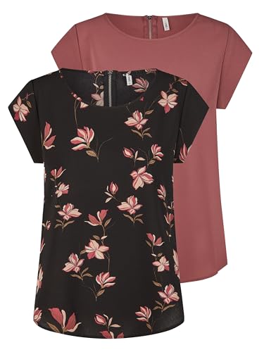 ONLY Tshirt Damen Regular Fit ONLVIC 2er Pack Rundhals Kurzarm Bluse Top Sommer Basic Muster Einfarbig Rose 42, Größe:42, Farbe:Rose Brown (15284243)