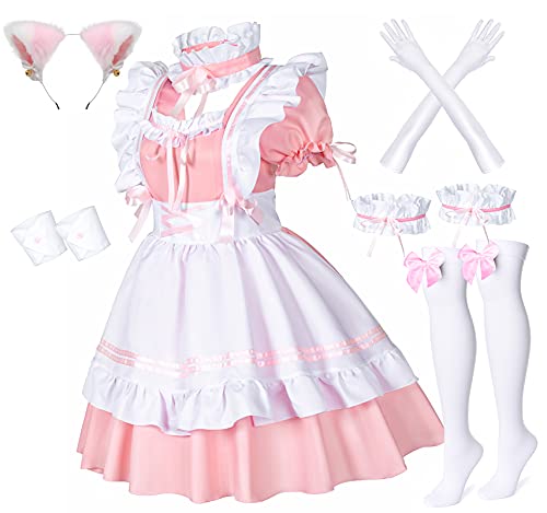 Anime French Maid Schürze, Lolita, Faschingskostüm, Cosplay Kostüm, pelzige Katze, Ohren, Handschuhe, Socken-Set, rose, 5X-Large