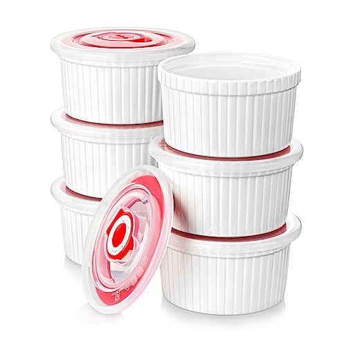 MALACASA Creme Brulee Schälchen 6er Set, Ø 9cm - 240 ml Souffle Förmchen Backofenfest mit Deckel, Porzellan Ofenfeste Förmchen, Creme Brulee Schalen, Mini Auflaufform, Weiß, Serie Ramekin