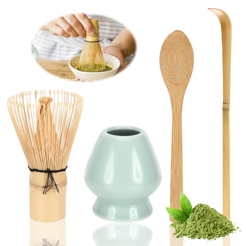 Vasmeiy Matcha Besen Matcha Set, 4 StüCk Whisk ZubehöR Macha Tea Set mit Matcha Löffel, Matcha-Schneebesen, Teepinselhalter aus Keramik (cyanfarben)