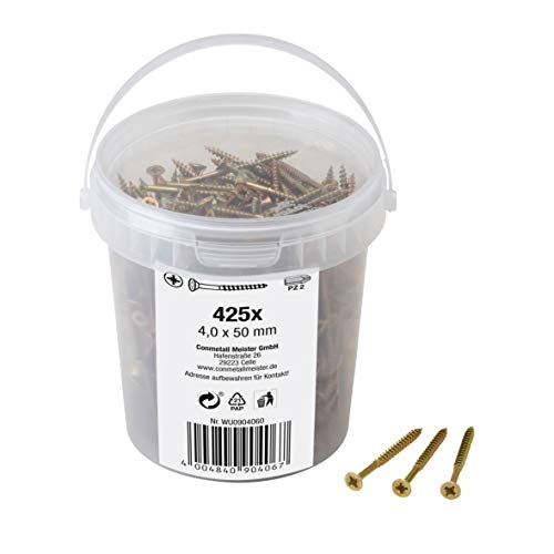 Meister Universalschrauben 4,0 x 50 mm - 425 Stück im Set - Senkkopf - PZ Pozidriv-Antrieb - Teilgewinde - Gelb verzinkt / Schrauben-Set / Schrauben-Eimer / 904060