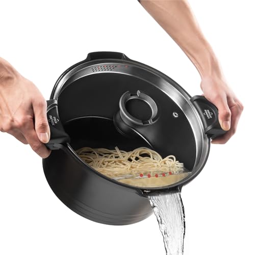 ROSSETTO Nudeltopf mit Siebeinsatz Kochtopf 24 cm Induktion mit Siebdeckel Spargeltopf Spaghettitopf Pastatopf 4.5 Liter Suppentopf, Aluguss keramikantihaftbeschichtet, schwarz