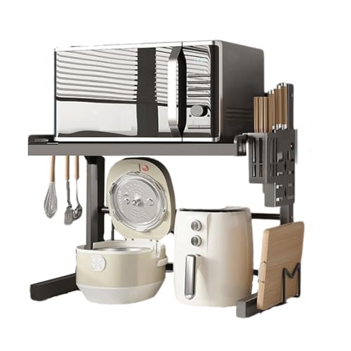 Awoyep Mikrowellen Regal Microwave Shelf Mikrowellenständer: Mikrowellenregal Regal Mikrowelle Stehend 39-62cm Expandable Küchenorganizer Küchenregal Arbeitsplatte mit 4 Haken (Schwarz, 2-Tier)