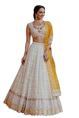 TRENDMALLS Lehenga Choli Set mit Dupatta für Damen, Weiß / Gelb, Weiss/opulenter Garten, Einheitsgröße