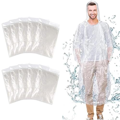 10 Stück Durchsichtig Regenponcho, Einweg Regenponcho Damen Herren, Regen Poncho mit Kapuze und Elastische Manschette, Wasserdicht Regencape Transparent