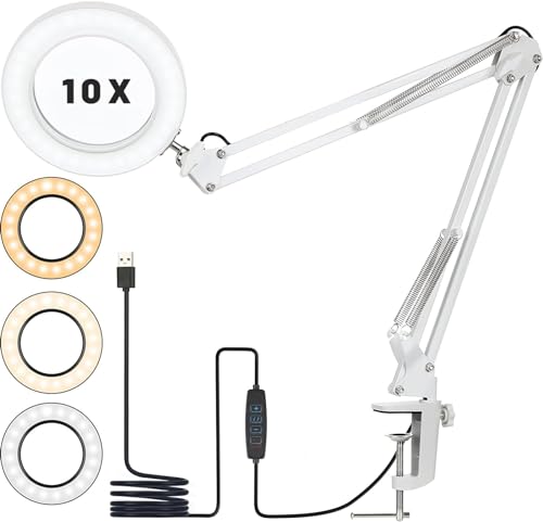 10X Lupe mit Licht und Ständer, Lupenleuchte mit 72 LEDs, 3 Farbmodi Dimmbare&10 Helligkeitsstufen, Leselupe, LED Leselampe mit Metallklemme, LED Lupenlampe für Schmuck, Arbeit, Lesen, Nähen-Weiß