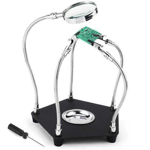 Dritte Hand Löten Löthilfe Magnetische Helfende Hand Löt Leiterplattenhalter Werkzeug Modellbau Zubehör Four Arms Helping Hands mit 3X Lupe für Löt und Bastelarbeiten Werkstatt Helping Station