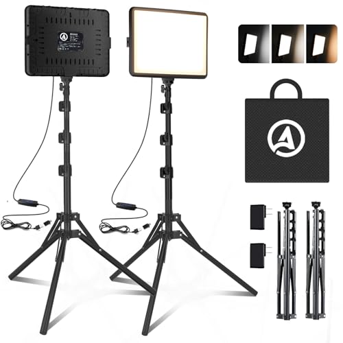 Video Licht Set, 2er-Pack 25 x 20 cm 15 W LED Studio Fotolicht, Dimmbares 2800–6500K Kamera Licht für Video/Streamen von Selfies/Porträts im Innenbereich, Licht mit 160cm Stativ/TypC Adapter/Ladegerät