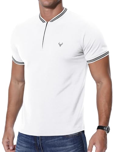 KUYIGO Henley-T-Shirt für Herren, mit Reißverschluss, Hirschkopf-Stickerei, Tennis, kurzärmelig, normale Passform, weiß, XL