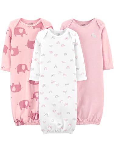Simple Joys by Carter's Baby-Mädchen 3-Pack Cotton Sleeper Gown Infant-and-Toddler-Nightgowns, Hellrosa Kaninchen/Weiß Regenbogen/Elefanten, 0 Monate (3er Pack)