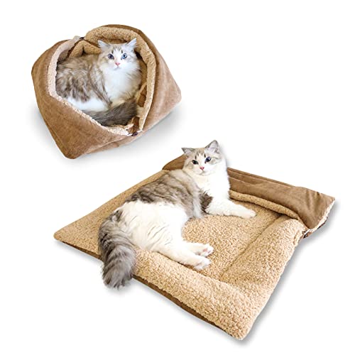 TUAKIMCE Katzenbett 2 in 1 Plüsch Weich Runden Schlafen Katzensofa Flauschige Katzenbett Klein Hund Bett Katzendecke Haustierbett katzenbettchen Tierbett für Katzen und Kleiner Hund (Khaki)