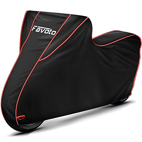 Favoto Verbesserte Version Wasserdicht Motorradabdeckung Motorrad Abdeckplane Motorradgarage Roller Abdeckung XXL Outdoor Schwarz Rot 300D mit Langen Reflektionsstreifen Klickverschlüssen Gummizug