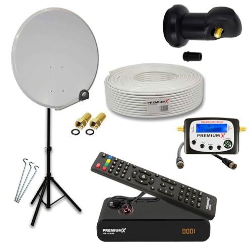 Premium X Camping Komplett HD SAT Anlage 45cm Satelliten-Schüssel Single LNB Kabel Dreibein Stativ TV Receiver Sat-TV-Signalfinder