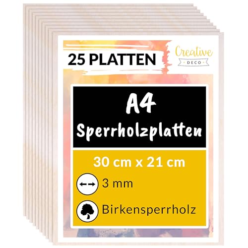 Creative Deco 25 x A4 Sperrholzplatte 3mm | 300 x 210 (+/- 2) mm | Birkensperrholz Dünne holz-Zuschnitte | Perfektes Blatt für Laubsäge, Brandmalerei, Laserschnitt, CNC Router, Durchbrochenes