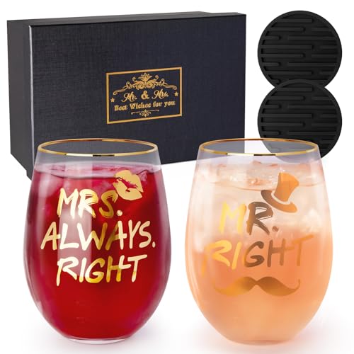 Hochzeitsgeschenk für Brautpaar, Mr Right und Mrs Always Right Weingläser Set für Paare, Braut und Bräutigam Hochzeit Geschenk, Valentinstag, Weihnachten, Jahrestag, 18Oz Glasbecher Mit Untersetzer