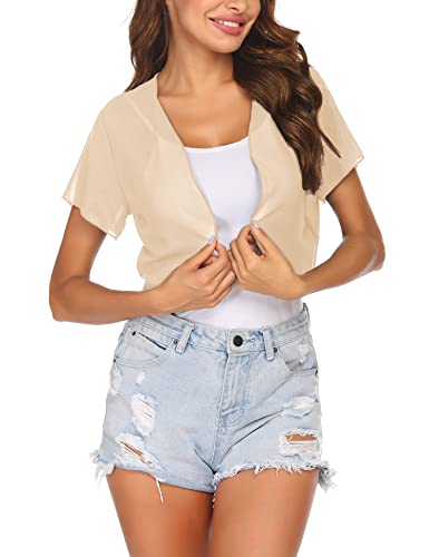 Zeagoo Bolero Damen Kurzarm Flowy Bolerojacke Elegant Chiffon Festlich Cardigan Sommer Leicht Transparent Offene Kurzjacke Beige S