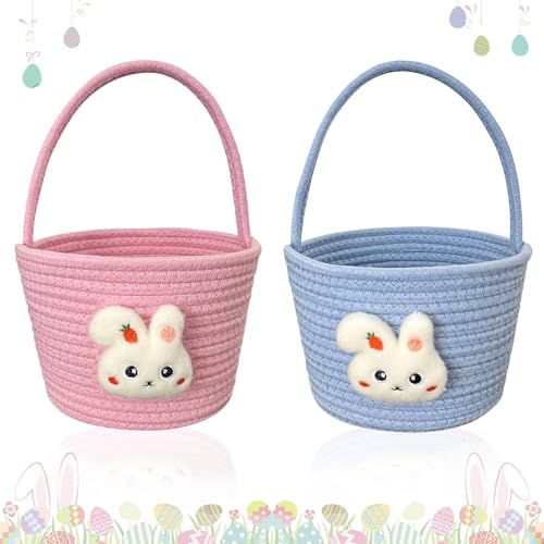 Osterkörbchen 2 Stück, Osterhasenkorb-Set für die Ostereiersuche, Osterkorb Kinder,Ostersack Taschen, Osternester zum Befüllen, Osternest Baumwollseil-Osterkörbchen(Yarn Basket)