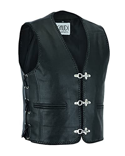 Gaudi-Leathers Lederweste Chopper Biker Karabiner Haken und Seitliche Schnürung, Schwarz, 3XL
