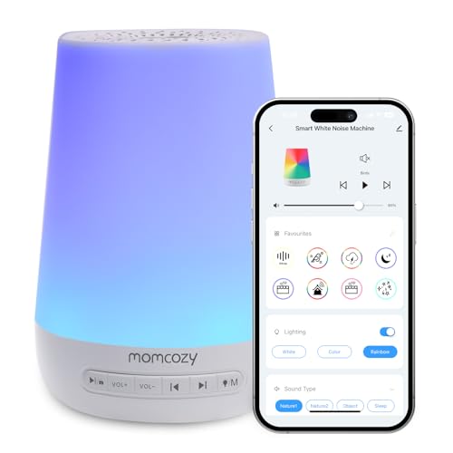 Momcozy White Noise Machine, tragbares White Noise für Babys und Erwachsene, White Noise Machine mit 34 Geräuschen White Noise Baby Therapy White Noise Machine Nachtlicht 7 Farben APP-Steuerung Timing