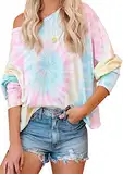 EFOFEI Frauen Tie Dye Shirt Rundhals-Sweatshirts Übergroße Langarm Bluse Tunika Tops Rosa Gelb 2XL