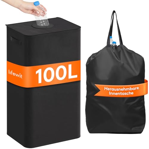 Lifewit 100L Pfandflaschen Sammelbehälter mit Deckel, Groß Pfandflaschen Aufbewahrung, Behälter Leergut & Altglas Aufbewahrung, Flaschensammler mit Loch Küche Abstellraum Flaschentasche, Schwarz