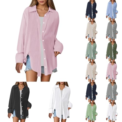 Generisch Musselin Bluse Damen Langarm Elegant Leicht Oversize Tuniken Einfarbig Lässiges Hemd Oberteile