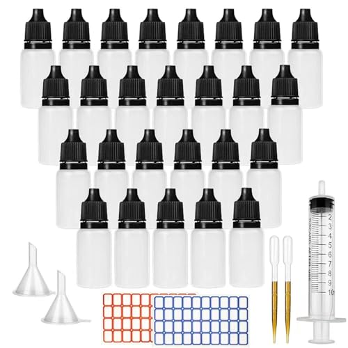 DONQL 26 Stück Augentropfenflasche Tropfflasche Squeezable Dropper Bottles Liquid Behälter Dropper Bottle 10ml Flaschen für Liquid with 2SET Aufkleber, 2Stück Trichter, 2 Reagenzglas und 1 Spritze
