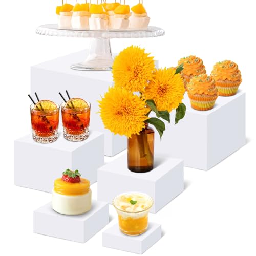 CODOHI Buffet-Erhöhungen, 6-teiliges weißes Acryl-Riser-Set, Desserttisch-Präsentations-Set für Buffet-Tisch, Acryl-Präsentationsständer für Catering, Desserts, Schmuckfiguren, Show (20 cm +)