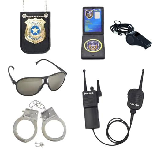 ZUCOS Polizei Kostüm Kinder, Polizist Handschellen Sonnenbrille Abzeichen Detective Cop Swat Rollenspiel Zubehör Halloween Party Kostüm Dress up (A, Medium)