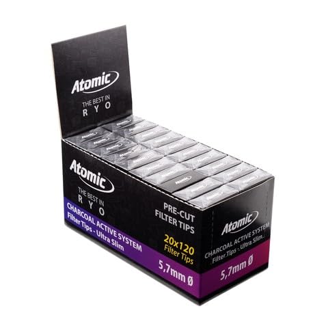 Atomic Filter Tips Active Charcoal Extra Slim 6mm- 20er Set -120 Stück im Beutel – Hochwertige Filtertips für selbstgedrehte Zigaretten – Effektive Schadstoffreduktion - Ideal für unterwegs
