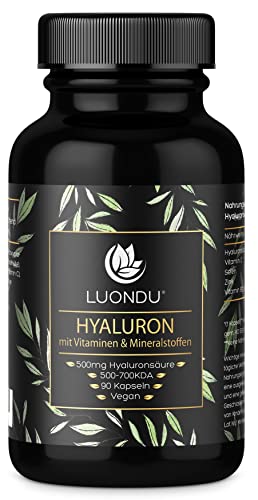 Hyaluron Kapseln hochdosiert 500mg 90 Stück (3 Monate) Hyaluronsäure mit Vitamin C, Zink, Selen, Vitamin B2 - Laborgeprüft, Vegan, hergestellt in DE