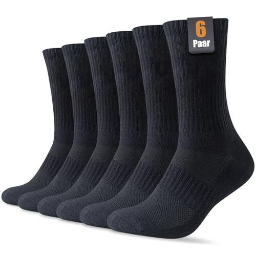 SockWaddles Socken Herren Damen, 6 Paar Baumwolle Atmungaktive Gepolsterte Tennissocken Sportsocken Laufsocken Wandersocken 39-42, Schwarz