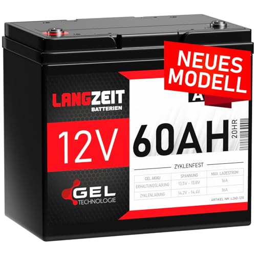 LANGZEIT Akku 12V 60Ah Gel Blei-Akku Profi Blei-Batterie Solar Boot Elektromobil Rollstuhl ersetzt 55Ah 50Ah