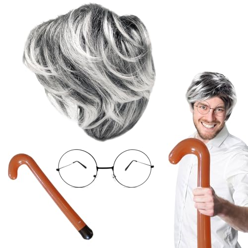 MIVAIUN 3 Stück Opa Kostüm Set Opa Perücke Graue Perücke Herren Brille Aufblasbarer Spazierstock Alter Mann Kostüm Herren Perücke Bart Kostüm für Halloween Weihnachten Cosplay Party（Grau）