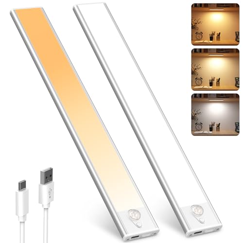 Mexllex Unterbauleuchte Küche Led 30CM 2Stück, Schrankbeleuchtung mit Bewegungsmelde 3 Farbmodi Dimmbar, Batterie USB Wiederaufladbar Led Leiste für Küche Schlafzimmer