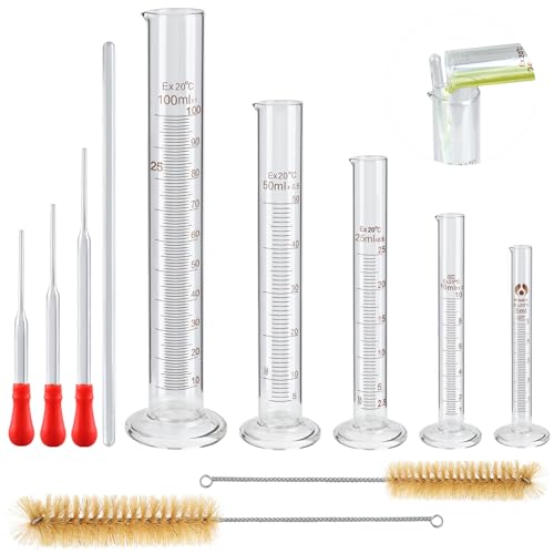 5 Stück Graduated Messzylinder Glas Set, 5ml/10ml/25ml/50ml/100ml Measuring Cylinder mit 3*Glaspipetten, 2*Bürst für Reagenzglas und 2*Glasrührstab für Labor, Schulen