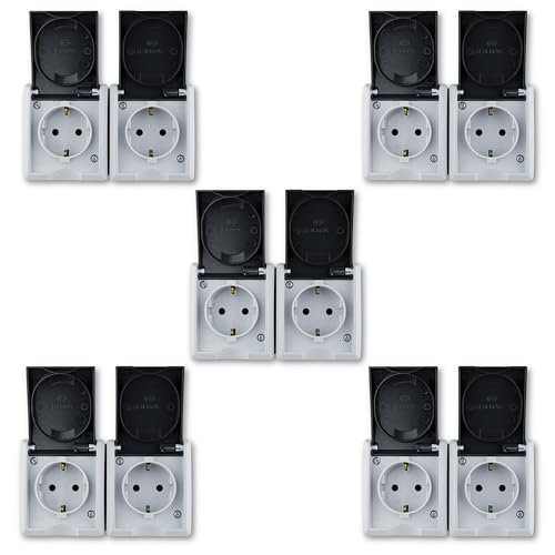 REV AquaForm SPARSET - 5x Doppelsteckdose-Feuchtraumsteckdose, IP44, einpolig, Aufputz, grau