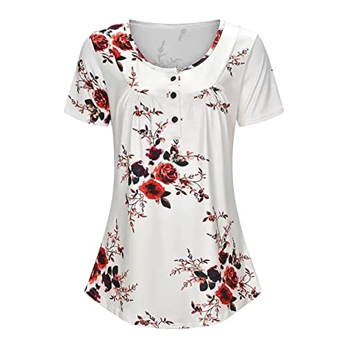 Generisch Top Damen Kurzarm Set Ladies Short Sleeve Casual Floral Loose Stretchy T-Shirt Top Damen T-Shirt Kurzarm Sommer Casual Tunika Tops Damen Tee T-Shirt Tops Tunika Sommer Casual (White, XL)