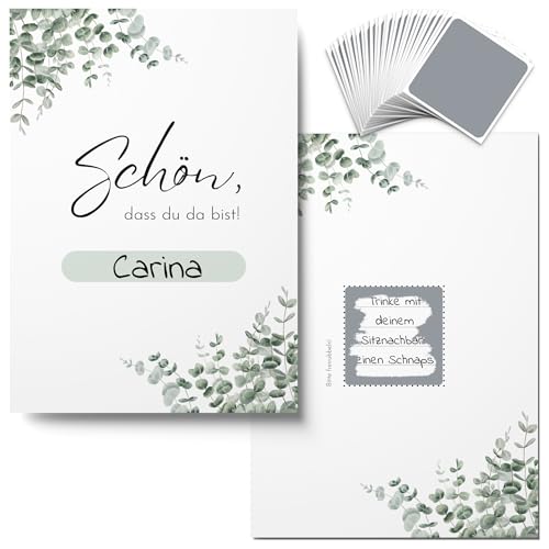 50x Rubbelkarten Hochzeit zum Selber Beschriften - 2 in 1 Platzkarten mit individuellen Hochzeitsaufgaben als Hochzeitsspiel (Eukalyptus)
