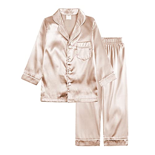 Verve Jelly Kleinkind Baby Jungen Mädchen Satin Seide Pyjama Set Langarm Button-Down Oberteile Hosen 2-teilig Nachtwäsche Pyjamas für Kinder Rose Gold 150 10-11 Jahre