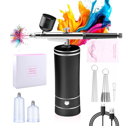 27PSI Wiederaufladbares kabelloses Airbrush Set, 0.3mm Düse pritzpistole mit 9 Zubehörteilen, Tragbare kabellose Spritzpistole mit Kompressor für Kunst, Makeup, Tortendekoration, Modelliermalerei