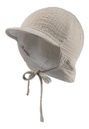 Sterntaler Schirmmütze Nacken Wende - Jungen Mütze zum Wenden mit kleinem Nackenschutz - UV-Schutz 50 Sonnenhut zum Binden - Baby und Kinder Kopfbedeckung aus Musselin (Bio) - beige Größe 37