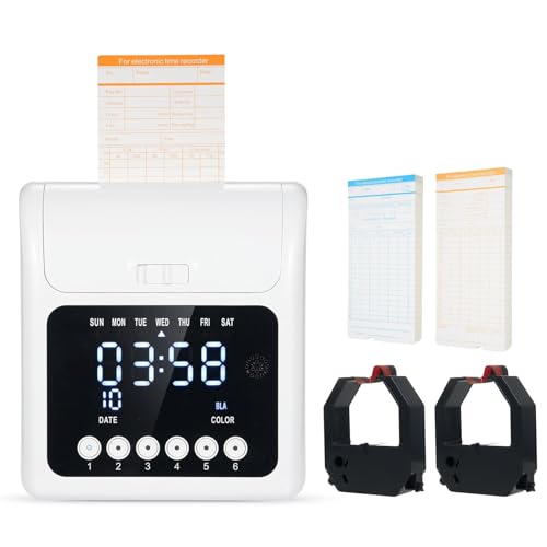 Bisofice Zeitstempel Mitarbeiter Anwesenheitsmelder mit Batterie und 100 Etiketten Elektronische Zeituhr mit LED-Display, zweifarbiger Druck