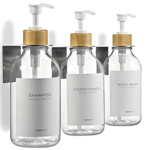 MaisoNovo Shampoo Flaschen zum Befüllen - Duschseifen Seifenspender Wandbefestigung - Seifenspender Wand - Seifenspender Wandmontage - 500 ml Set mit 3 klaren Bambus-Kunststoffflaschen, klar Pumpe