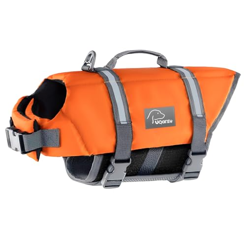 Voarge Hund Rettungsweste, Haustier Sicherheitsweste Badebekleidung Hund Rettungsweste, für Hundegröße einstellbar mit starkem Schwimm- und Rettungsgriff (L)