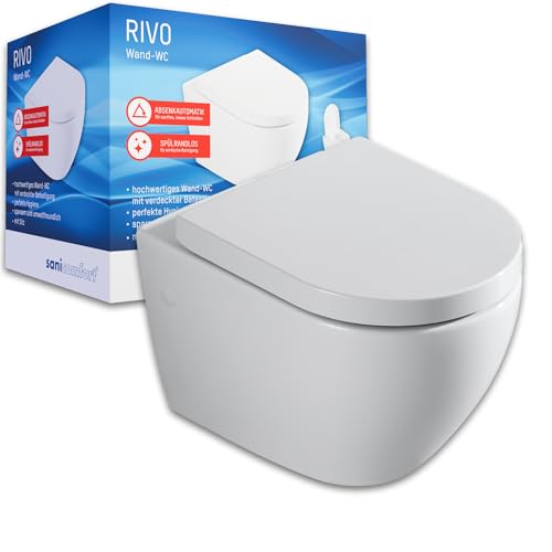 sanicomfort Hänge WC Rivo – Spülrandloses Wand-WC Set mit Softclose Absenkautomatik, Tiefspüler, Duroplast WC-Sitz, verdeckte Befestigung, hygienisch & pflegeleicht, platzsparend