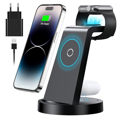 3 in 1 iPhone Ladestation Schnelles Kabelloses Ladegerät für Apple - Wireless Charger für iPhone 16 15 14 13 12 11 Pro SE X XS XR 8 & Apple Watch 9 8 7 6 SE 5 4 3 2 Air Pods Pro mit 18W Fast Adapter