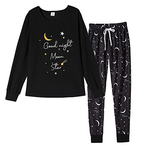 MyFav Womens Pyjamas Set Mode Lange Ärmel Mond Stern Druck Lässig Nachtwäsche Rundhalsausschnitt Top und Lange Hosen 2 Stück Hausanzug mit Kordelzug,Schwarz,L